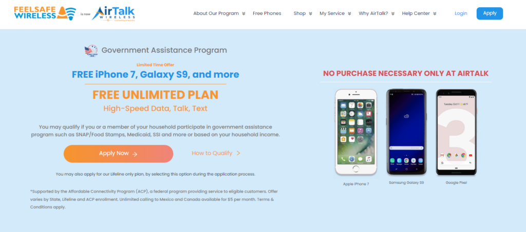AirTalk Wireless is an ETC (Eligible Telecommunications Carrier) /MVNO (Mobile Virtual Network Operator) offering free mobile devices and plans to individuals who qualify for the Lifeline & ACP Program.